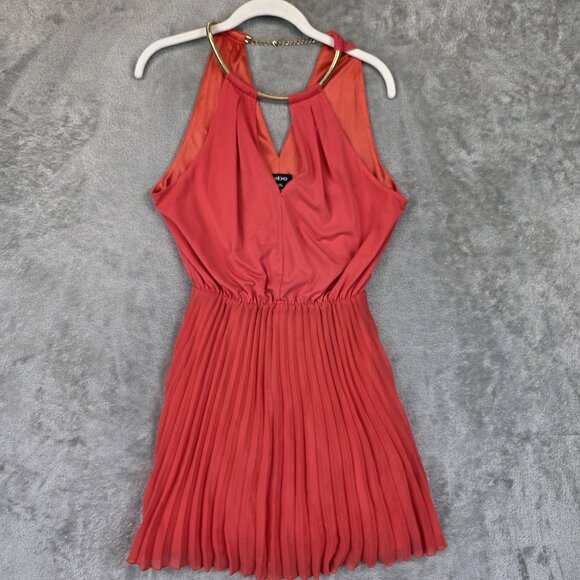 Bebe Dress Womens Extra Small Coral Pleated Mini Gold Necklace Halter Party - Picture 1 of 11